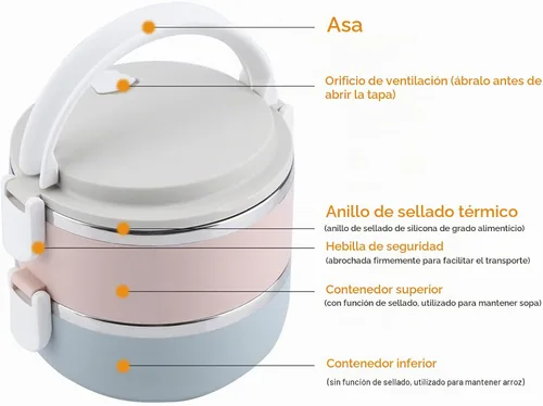 Vista 6 de Fiambrera + Fiambrera térmica portátil de acero inoxidable Contenedor de alimentos (2 capas)