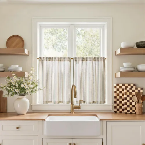 Vista 34 de Jinchan - Cortinas de lino a rayas para cocina, 24 pulgadas, beige, 2