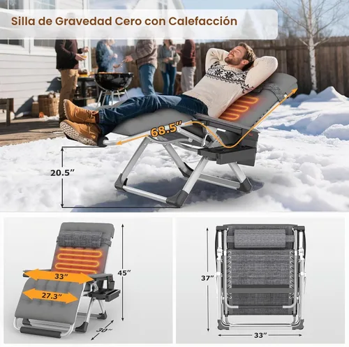 Vista 3 de Suteck Heated Zero Gravity Chair, 33" XXL Oversized Reclining Lounge Chairs Gris fósil.