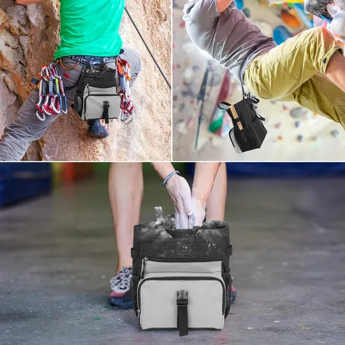 Vista 7 de PGmoon Bolsa de tiza grande para escalada en roca y boulder con forro de papel de aluminio, cierre magnético, múltiples bolsillos, 2 soportes