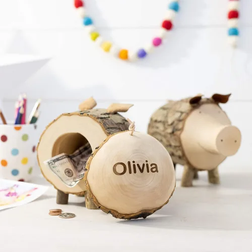 Vista 8 de Forest Decor Alcancías de madera – Adorable figura de cerdo para niñas y niños – Caja de dinero de ahorro de madera para adultos – Bonita decoración