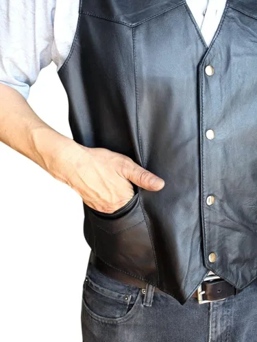 Vista 3 de Chaleco de motocicleta para hombre, piel suave, color negro Syle 950