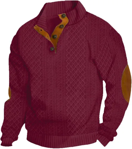Vista 11 de Suéter de manga larga para hombre, casual, con botones de un cuarto, con cuello alto, sudadera con capucha