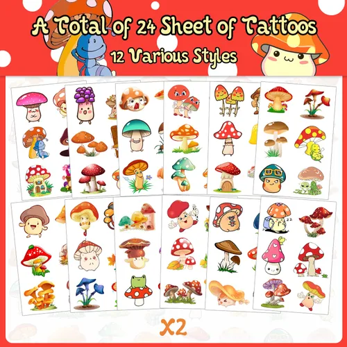 Vista 2 de (144 unidades) Calcomanías de tatuajes temporales de hongos para fiesta de hongos, suministros de decoración de fiesta de cumpleaños, regalos