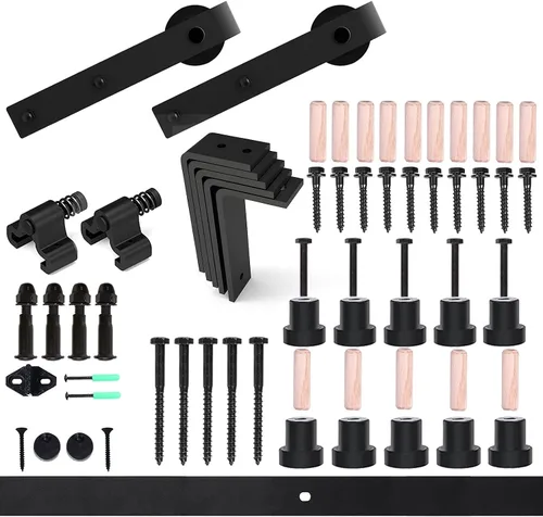 Vista 7 de CCJH Kit de herrajes para puerta corrediza de granero de 4 pies, sistema de soporte en forma de L de techo bajo para puerta de madera individual