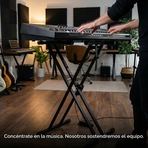 Vista 7 de RockJam Xfinity Double X - Soporte para teclado, premontado y ajustable Pre-assembled double X keyboard stand with safety lock and straps for full