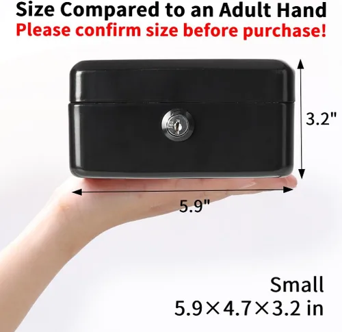 Vista 5 de Decaller - Caja de dinero pequeña con cerradura de llave, caja de dinero de metal portátil con doble capa y 2 llaves para seguridad, negro, 6 x 4
