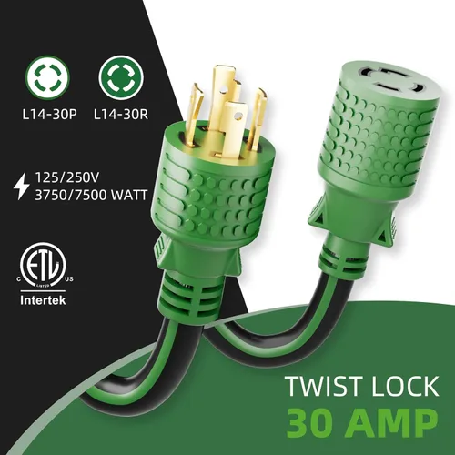 Vista 2 de Cable de extensión generador de 4 clavijas de 30 amperios de 10 pies, NEMA L14-30P/L14-30R, 125/250 voltios hasta 7500 vatios, cable de alimentación