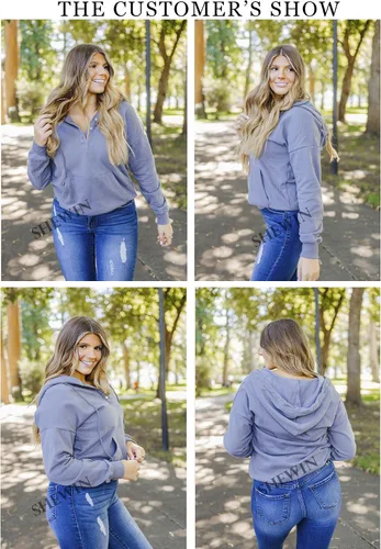 Vista 4 de SHEWIN - Sudadera casual con capucha de manga larga, con botones y cordón para mujer, holgada y con bolsillo
