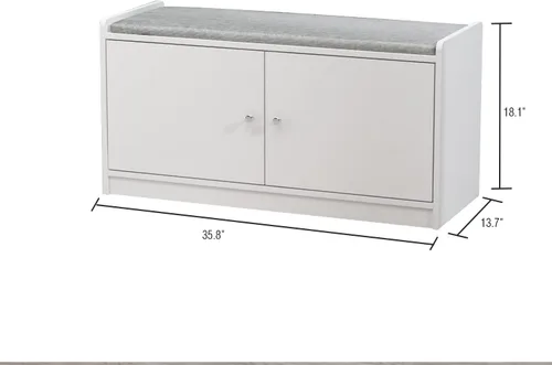Vista 2 de ECACAD Banco de almacenamiento de zapatos de 2 niveles con asiento acolchado, 2 puertas y 4 compartimentos de almacenamiento, banco de madera