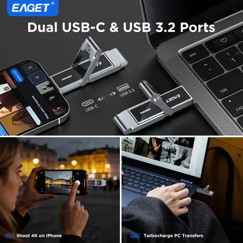 Vista 3 de EAGET Unidad flash USB dual de alta velocidad de 512 GB, hasta 2100 MB/s, SSD portátil con USB 3.2 + USB-C, marco de metal y diseño de ventana