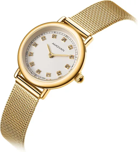 Vista 4 de Reloj dorado para mujer con pequeña banda de malla de acero inoxidable, minimalista de dos manecillas, esfera romana de caja redonda, herramienta