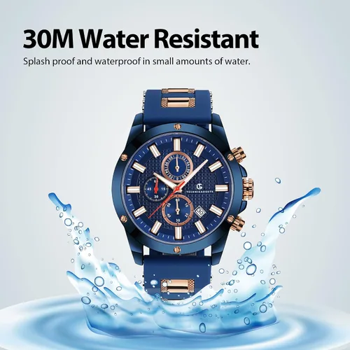 Vista 5 de Technigadgets Denzel Reloj cronógrafo para hombre, multifunción, de cuarzo, analógico, luminoso, con correa de silicona, resistente al agua 30M, Azul