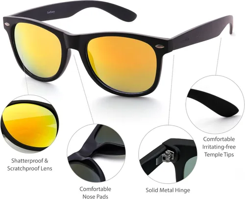 Vista 3 de Gafas de sol vintage con montura de cuerno para hombres y mujeres lente cuadrada con espejo estilo clásico de los años 80 protección UV ligera
