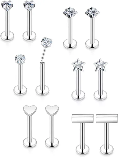 Vista 8 de Aretes de nariz de acero quirúrgico 316L con parte trasera plana de 16G, piercing de labio Medusa Labret Monroe, Tragus Forward Helix, Caracola