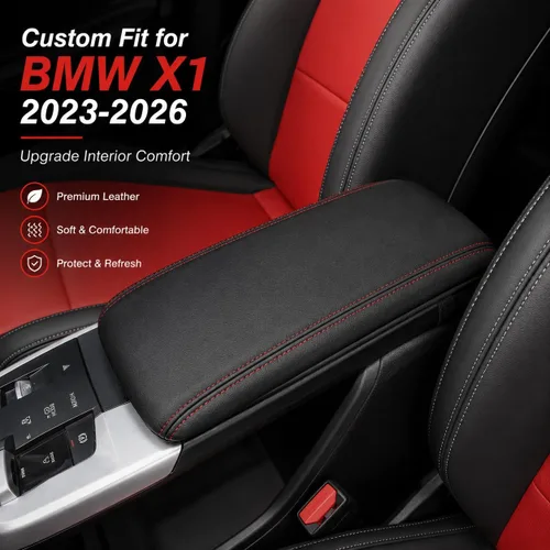 Vista 3 de Great-luck Funda de cuero para consola central, almohadilla para reposabrazos, accesorios de cubierta de caja (costuras rojas) para BMW X1 2023 2024