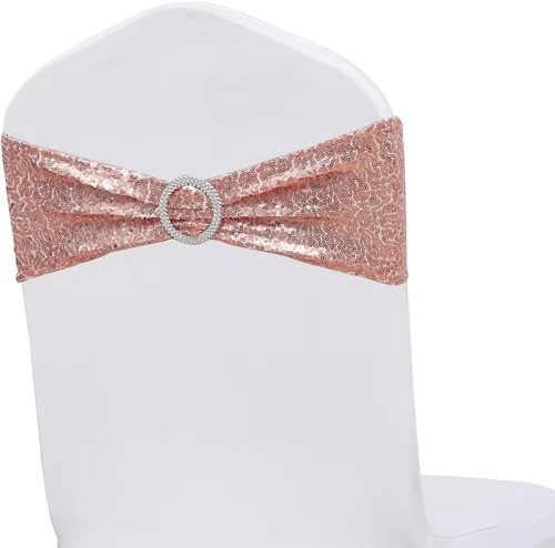 Vista 10 de Bandas de silla doradas totalmente cubiertas de lentejuelas brillantes para bodas, bandas de silla con purpurina brillante y lazos para decoraciones