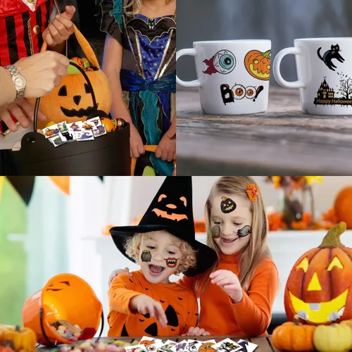 Vista 4 de CHARLENT 148 hojas de tatuajes temporales de Halloween para niños, tatuajes individuales de esqueletos de calabaza de Halloween para niños y niñas