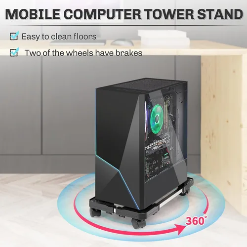 Vista 3 de Liitrton Soporte de CPU móvil Soporte de torre ajustable para computadora con 4 ruedas giratorias que se adapta a la mayoría de PC (negro)