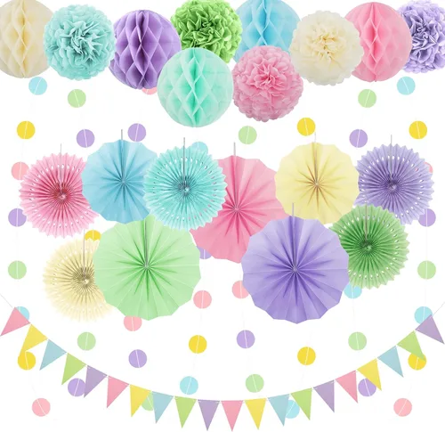 Vista 10 de Juego de 24 piezas de decoración de fiesta de cumpleaños azul marino dorado para baby shower with Hanging Paper Fans Pom Poms Flowers Garland