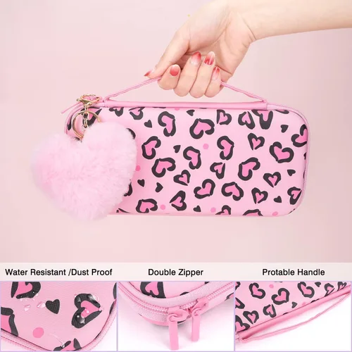 Vista 2 de DLseego Pink Love Leopard Carrying Case for Switch OLED, Cute Silicone Protective Soft Cover with 4PCS Thumb Grip Caps and Pink Plush Heart Pendant