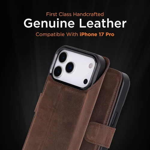 Vista 111 de Bayelon Funda tipo cartera para iPhone 15 Pro, cartera de cuero de grano completo, funda magnética desmontable, tarjetero, funda tipo cartera