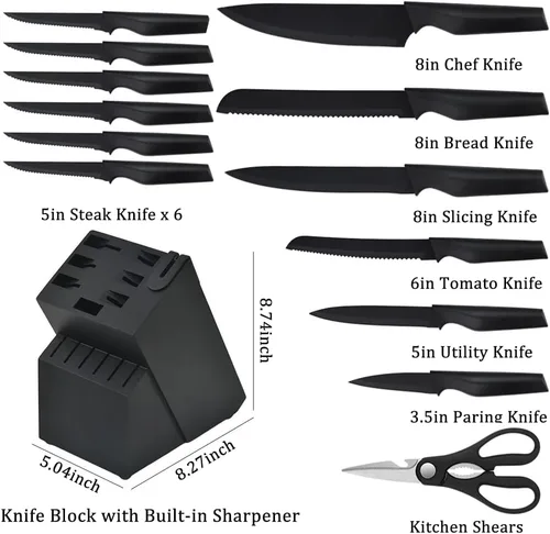 Vista 2 de Juego de cuchillos de cocina de 14 piezas con bloque autoafilado, cuchillos ultra afilados de acero inoxidable de alto carbono para cocina, 6