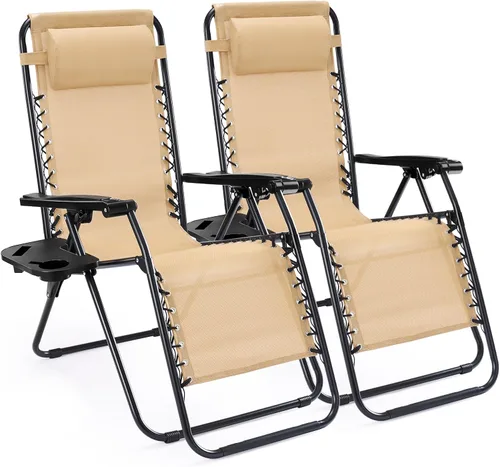 Vista 11 de Silla de gravedad cero Sweetcrispy, juego de 2 sillas reclinables portátiles para playa, camping, patio, exterior, plegables, con portavasos y Negro