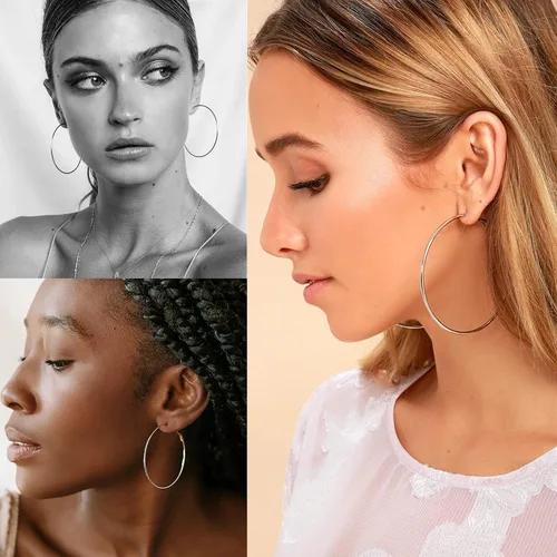 Vista 9 de Aretes de aro grandes de plata de ley de 0.079 pulgadas para mujer, aros de plata grandes hipoalergénicos, sin finos, finos y de gran