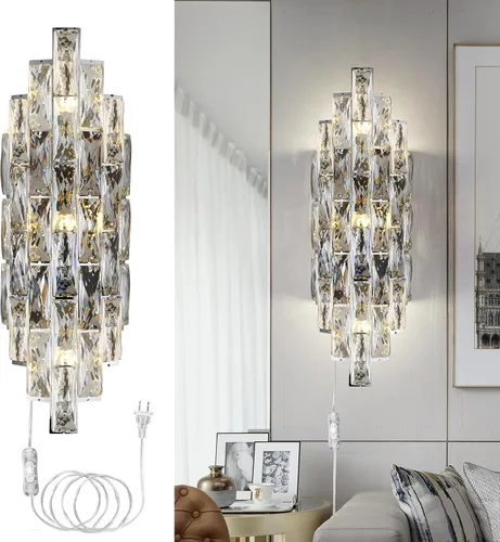 Vista 15 de Aplique de pared de cristal cromado de 6 capas, elegante y moderno, adecuado para baño, escalera, cocina, sala de estar, dormitorio, pasillo, 60 W