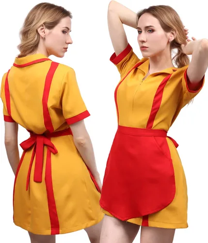 Vista 2 de DAZCOS Disfraz de camarera para mujer, talla estadounidense, uniforme amarillo, fiesta, Halloween, Navidad, cosplay