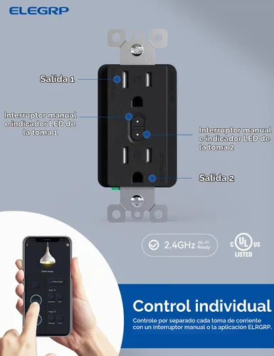 Vista 2 de ELEGRP Enchufe inteligente, toma inteligente de pared compatible con Alexa y Google Assistant, receptáculo inteligente Wi-Fi de 2.4 GHz
