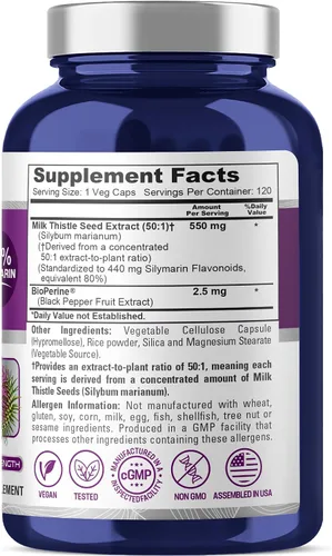 Vista 3 de Semilla de cardo mariano, 550 mg, sin OMG, vegano, 120 cápsulas vegetales - 120 porciones Botanical Formula, 50:1 Silybum Marianum Extract