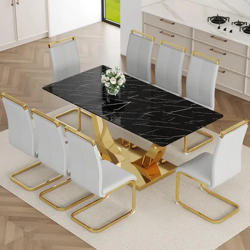 Vista 37 de Juego de Mesa de Comedor Negra para 6, Mesa de Comedor de Mármol Falso de 71" para 6, Juego de Mesa de Cocina Rectangular con Sillas de Cuero PU