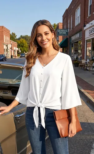 Vista 4 de VIISHOW Blusas de verano para mujer, con botones, cuello en V, de gasa, mangas acampanadas de 3/4, con nudo, casuales 01 Blanco