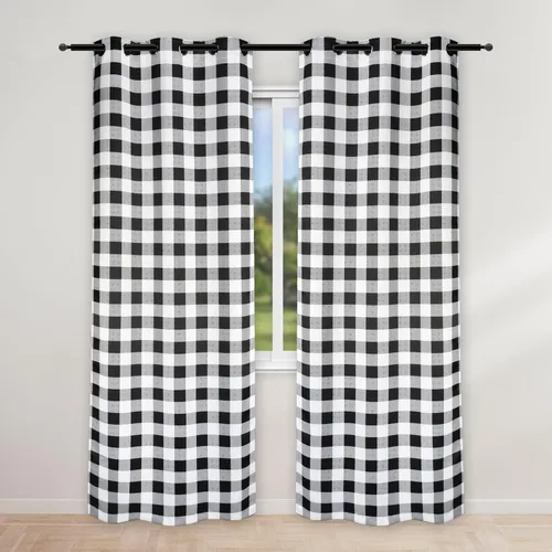 Vista 18 de Simple Deluxe 2 cortinas de cocina a cuadros de búfalo, cortinas cortas a cuadros para ventanas de media cafetería, 26 pulgadas de ancho x 36 Negro