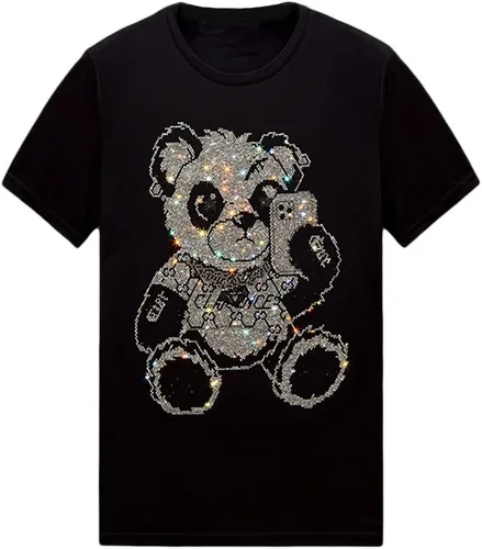 Vista 17 de HZCX FASHION Camiseta con strass brillante para Hombres y Mujeres, manga corta, con pedrería, para festivales de rock, con gemas, de algodón