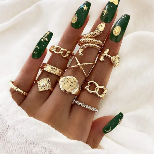 Vista 2 de Juego de anillos de nudillos dorados y plateados para mujeres y niñas 10 anillos BOHO anillos de cadena de serpiente vintage anillo de declaración