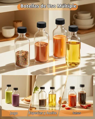 Vista 6 de Botellas de vidrio transparente de 2 onzas con tapas, paquete de 12 Recipiente de vidrio transparente de 2 fl oz, a prueba de fugas