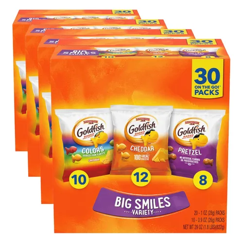 Vista 23 de Goldfish Crackers Say Cheeeese - Paquete variado con queso cheddar, pizza y parmesano, paquetes de aperitivos, 20 unidades (paquete de 2)