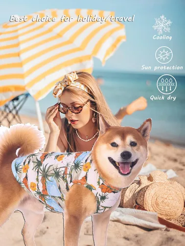 Vista 5 de Camisas hawaianas para perros, de secado rápido, de malla refrescante, de verano, con estampado de coco para perros pequeños, azul y amarillo, XS
