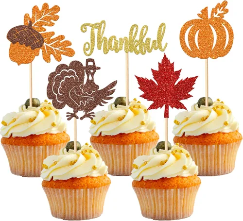 Vista 18 de Rsstarxi Paquete de 24 adornos para cupcakes con purpurina de otoño de hojas de arce de otoño, palillos para cupcakes, decoración de pasteles