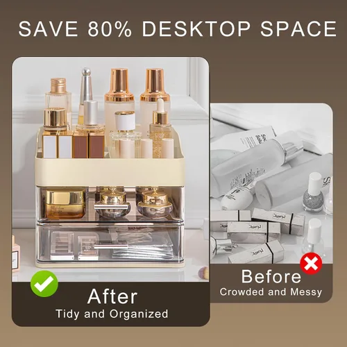 Vista 5 de DASITON Organizador de maquillaje con 2 cajones, organizador de cosméticos de maquillaje de gran capacidad para tocador, tocador de baño
