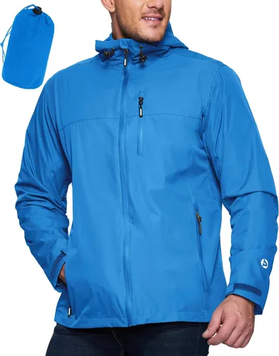 Vista 11 de Outdoor Ventures Chaqueta impermeable plegable con capucha para hombre, ligera, resistente al viento, para ciclismo