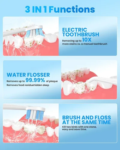 Vista 2 de Cepillo de dientes eléctrico con hilo dental de agua, kit de limpieza de dientes 3 en 1 con 7 modos, combo de cepillo de dientes eléctrico e hilo