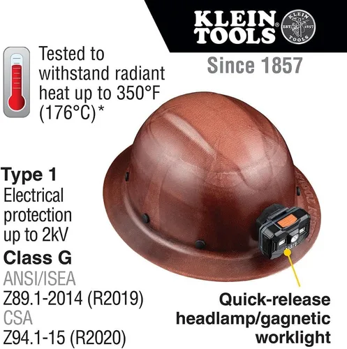 Vista 3 de Klein Tools 60447 Casco duro, ala completa, clase G serie KONSTRUCT con faro recargable, marrón y forro de casco de enfriamiento 60181, gorra debajo