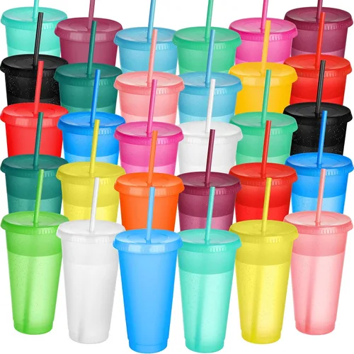 Vista 16 de Honeydak Paquete de 60 vasos con popote y tapa, vasos a granel para regalos, tazas de café de plástico con purpurina de 24 a 27 onzas, botella