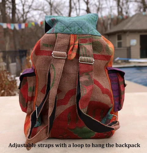 Vista 3 de DharmaObjects Lungta - Mochila reciclada de yute para arroz, hecha a mano, Nepal, multicolor