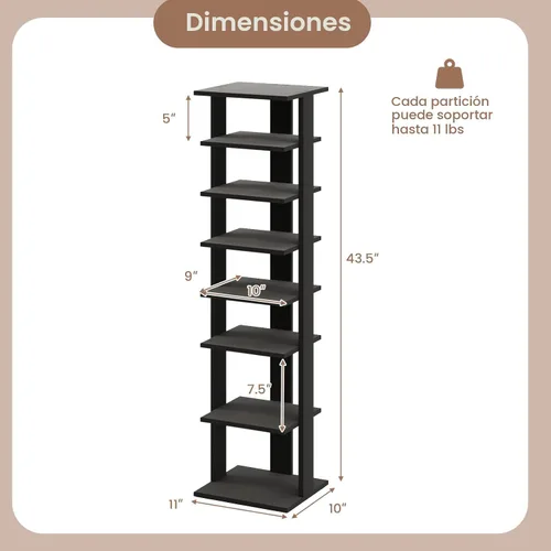 Vista 2 de Tangkula - Estantería vertical de 8 niveles para zapatos, organizador de esquina que ahorra espacio para 7 pares, almacenamiento estrecho de zapatos