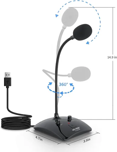 Vista 2 de Micrófono USB de cuello de cisne para conferencias, micrófono de escritorio omnidireccional flexible de 360° con cancelación de ruido, botón